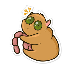 Sticker for messenger with funny animal. Hungry hamster eating sausages. Vector illustration, isolated on white background.