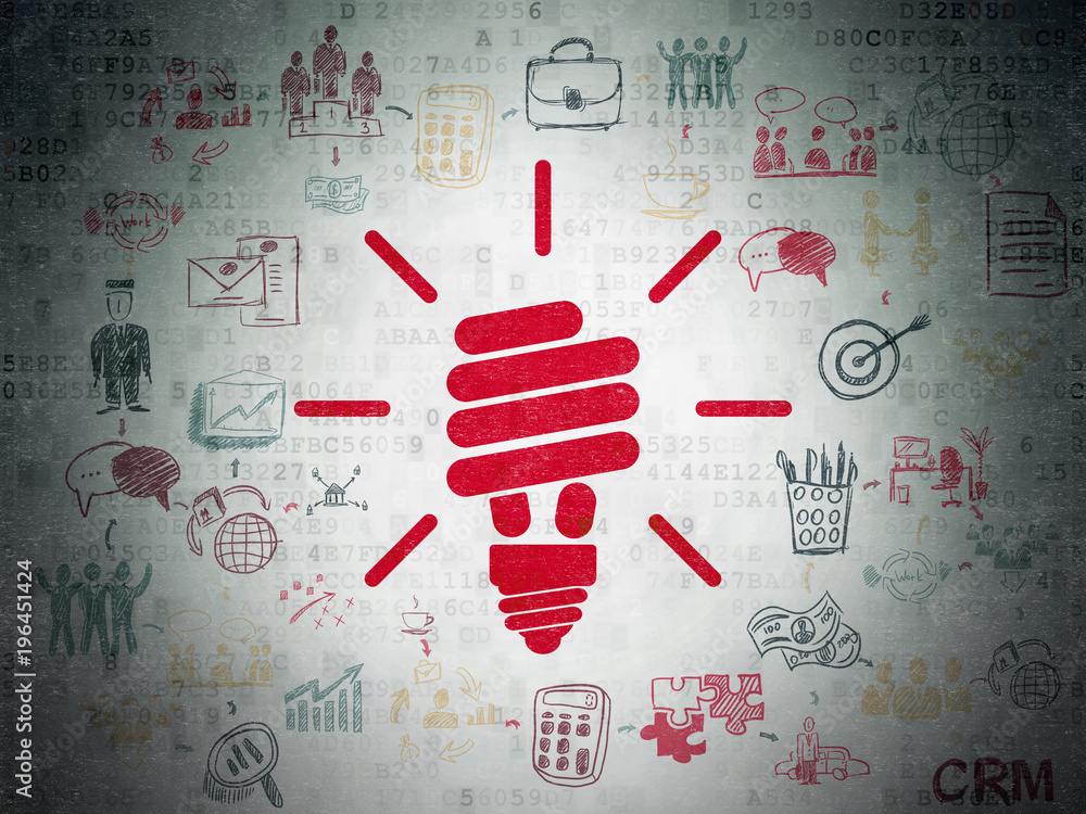 Aufkleber finance concept: painted red energy saving lamp icon on digital data paper background with scheme of