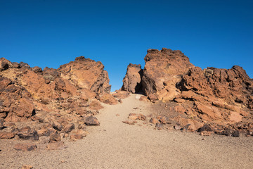 Rocky landscape in Teide national park. This natural scenary was used for the fim clash of Titans, Tenerife, Canary islands, Spain.