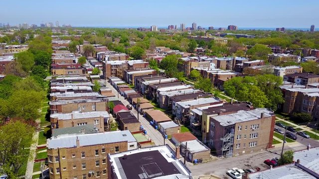 Beautiful aerial over a lower class neighborhoods on the southside of Chicago.