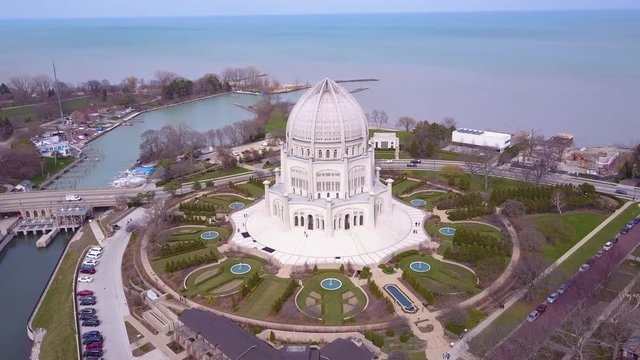 Beautiful aerial over the Baha'i Temple in Chicago, Illinois.
