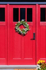 Fototapeta na wymiar entrance, red, wooden door with black glass windows and metal handle