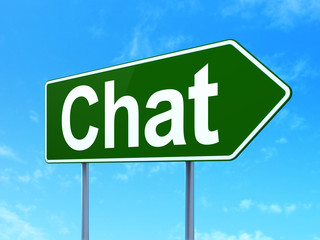 Web development concept: Chat on green road highway sign, clear blue sky background, 3D rendering