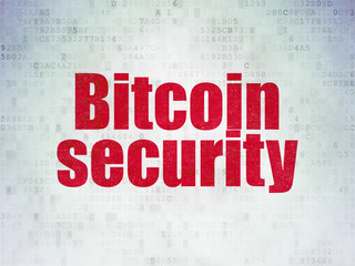 Cryptocurrency concept: Painted red word Bitcoin Security on Digital Data Paper background