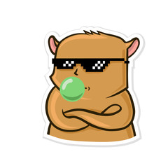 Sticker for messenger with funny animal. Calm hamster in sunglasses inflates gum. Vector illustration, isolated on white background.