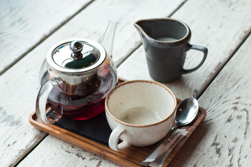 cup of tea with teapot and milk