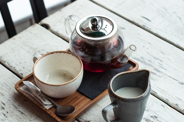 cup of tea with teapot and milk