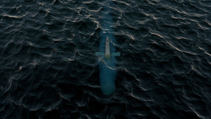3D Illustration of a submarine patrolling just below the water's surface at periscope depth