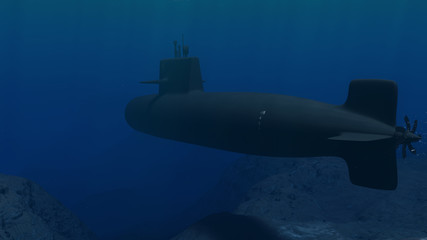 3D Illustration of a submarine patrolling close to the ocean floor