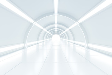 Abstract illuminated empty white corridor interior