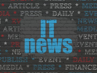 News concept: Painted blue text IT News on Black Brick wall background with  Tag Cloud