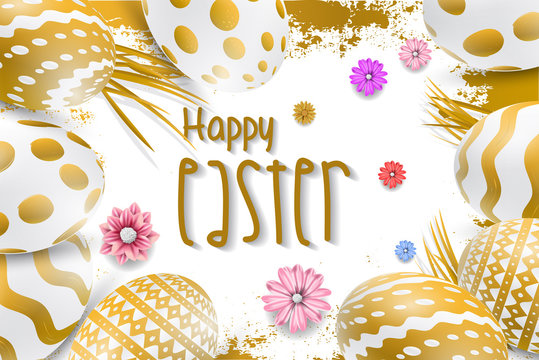 
Happy easter image vector. Modern happy Easter background with colorful eggs and spring flower. Template Easter greeting card, vector.
