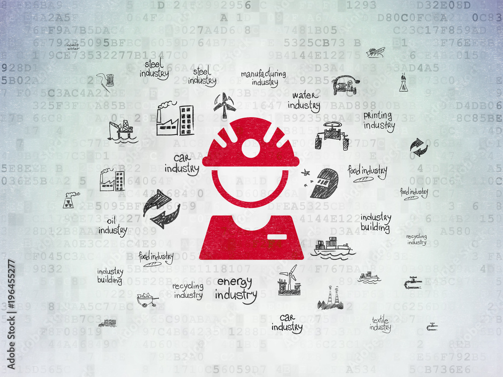 Aufkleber manufacuring concept: painted red factory worker icon on digital data paper background with hand dra