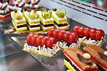 Cakes on counter in store