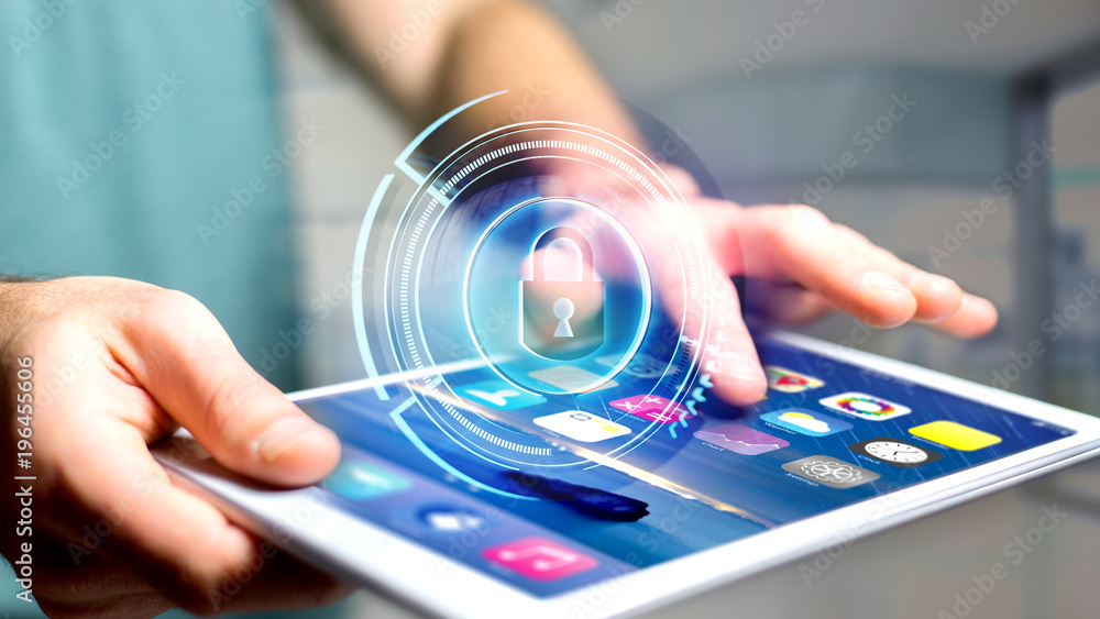 Poster businessman using a smartphone with a shinny technologic locker security button - 3d render
