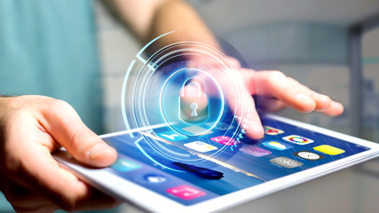 Businessman using a smartphone with a Shinny technologic locker security button  - 3d render