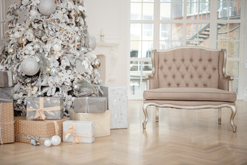 Gold Christmas background  with decorated tree