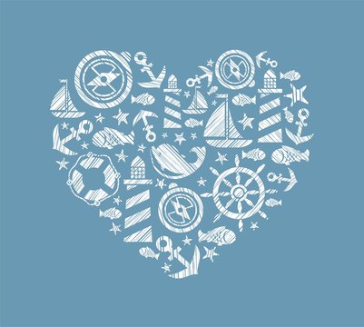 Sea heart background, blue, vector. Dolphin, fish and attributes sea travel. White icons in the shape of a heart. Vector picture. Hatching with a white pencil on a blue field. Imitation. 