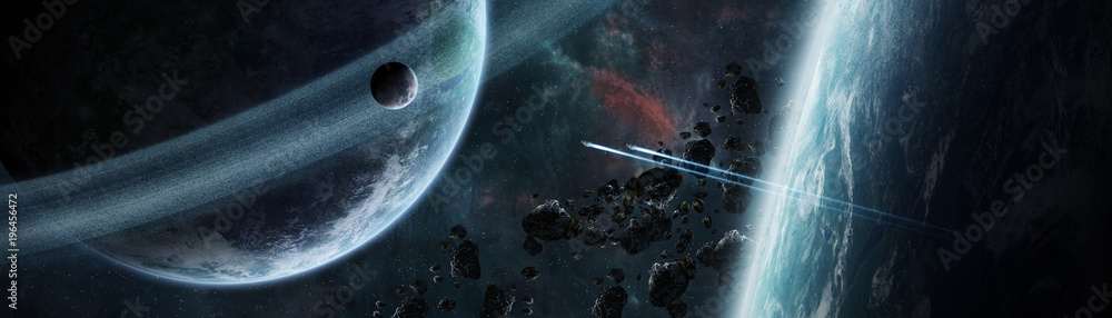 Poster Panoramic view of planets in distant solar system 3D rendering elements of this image furnished by NASA