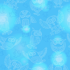 Naklejka premium Seamless pattern with contour cute owls and autumn leaves,a light outline on a blue background