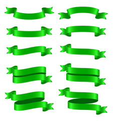 Set of green ribbon banners on white background