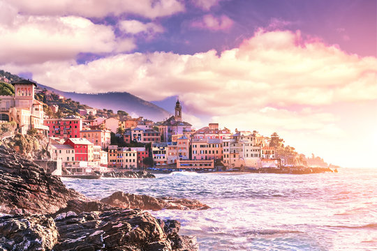 Scenic view of the Bogliasco at sunset - fishermen's Village of the Ligurian Riviera
