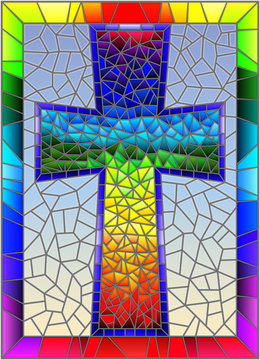 The illustration in stained glass style painting on religious themes, stained glass window in the shape of a rainbow Christian cross , on a blue background with rainbow frame