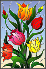 Naklejki  Ilustracja w stylu witrażu z bukietem kolorowych tulipanów na tle nieba