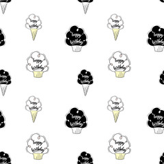 Happy Birthday vector seamless pattern with handwritten lettering
