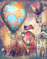 Gordijnen Steampunk heteluchtballonnen vliegen in een sprookjesachtig landschap © Rosario Rizzo