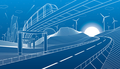Monorail in mountains. City highway. Transportation illustration. Tower and skyscrapers, modern town, business buildings. Night scene. White lines on blue background. Vector design art