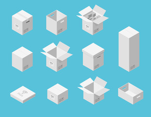 White carton packaging boxes set. Isometric view. Different size and format. Closed and open packages on blue background.