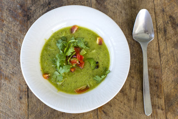 Traditional Spanish cold soup gazpacho on wooden table