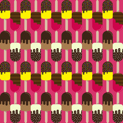 Ice cream seamless background. Retro vector pattern.  Tasty colorful summer desert - popsicle or fruit ice lolly. 
