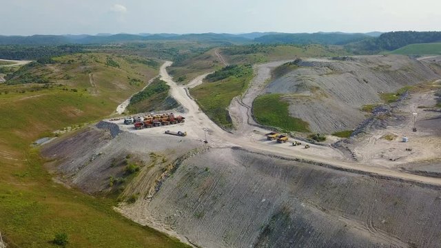 An aerial over a mountaintop removal coal strip mine in West Virginia.