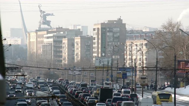 Many cars on road in winter Moscow time lapse