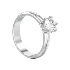 3D illustration isolated white gold or silver solitaire engagement diamond ring