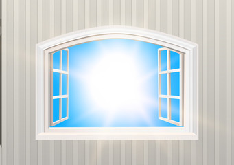 Open Window. Blue Sky and Sun Light View. Realistic 3D Style Wallpaper. Isolated White Double Casement Window. Wide Open Outdoors MockUp. Layered VectorTemplate.