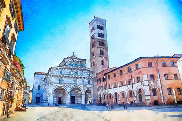 watercolor style, Italy, Lucca - obrazy, fototapety, plakaty