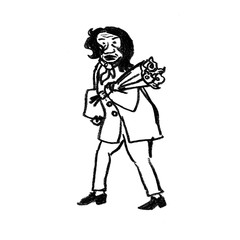 frustrated middle-aged woman walking, carrying flowers, black and white sketch