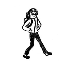 teenager with headphones and backpack, walking, black and white sketch