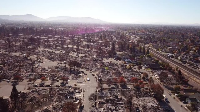 Shocking aerial of devastation from the 2017 Santa Rosa Tubbs fire disaster which destroyed whole neighborhoods.