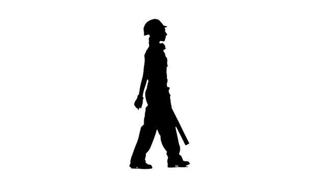Girl is wearing a yellow building level. Silhouette. White background. Side view
