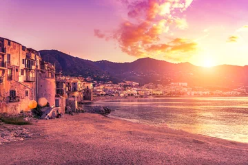 Schilderijen op glas Cefalu at sunset, little town on the sea in Sicily, Italy © watman