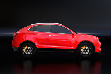 Obraz na płótnie Canvas Side view of metallic red Electric SUV concept car isolated on black background. 3D rendering image. 