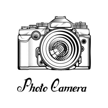 Retro Camera logo. Vintage Photocamera. Photo camera isolated on white background.