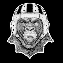 Rugby player. Gorilla, monkey, ape Frightful animal Hand drawn image for tattoo, emblem, badge, logo, patch