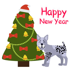 Happy New Year Banner with Grey Dog near Xmas Tree