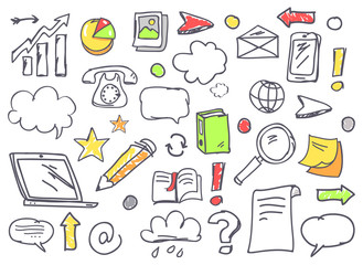 Drawn Office Theme Icons Vector Illustration Set