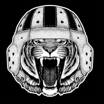 Rugby player. Wild tiger Hand drawn image for tattoo, emblem, badge, logo, patch, t-shirt
